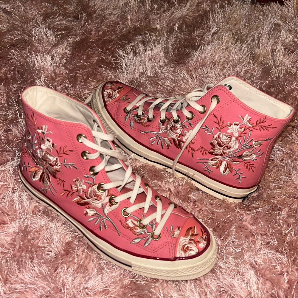 pink embroidered high top converse